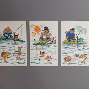 Vintage Postkarten Angeln, 1968, Sammler Postkarten, Fischer und Fisch Postkarten, russische Postkarte, süße Postkarte, UDSSR, Orlov, Schwartz