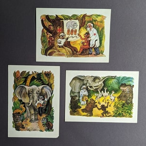Cartões postais infantis, Doutor Aibolit Conjunto de 16 cartões postais, Korney Chukovsky, Imagens soviéticas, Conjunto de cartões postais vintage URSS, Contos de fadas russos