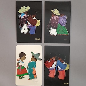 Vistas típicas mexicanas, motivo típico regional mexicano, juego de 4 postales mexicanas antiguas, niños de México, tarjeta postal, artista Betanzos