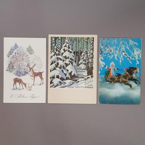 Cartes postales vintages de Nouvel An, Cartes postales de Noël avec des cerfs, Images d'hiver, Cartes postales soviétiques, Riga, Cadeaux du Nouvel An, Sapin de Noël, Neige, Oiseaux