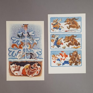 Postales antiguas con animales del bosque, postales de Año Nuevo, postales coleccionables, ilustraciones soviéticas, artista soviético, Orlov, Schwartz, años 60