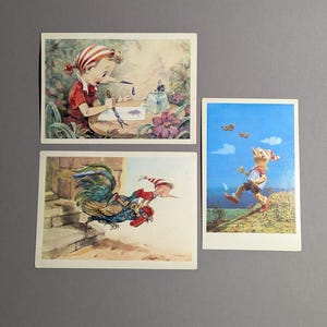 Vintage Ansichtskarte Buratino 60er Jahre, Märchen Postkarten, Märchen Postkarten, Märchen 60er Jahre, Postkarten für Kinder, UdSSR Postkarten