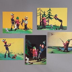 Cartoline d'epoca, set da 5, modello e bambole, artista St. Tsoneva, cartoline Bulgaria, cartoline da collezione, bambole cacciatore, giocattoli cane e lepre