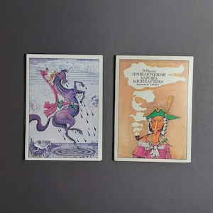 Die Abenteuer von Baron Münchhausen, E. Raspe, Set von 16 Postkarten, Vintage Postkarten UdSSR, Kinder-Postkarten, russische Postkarten, 1978