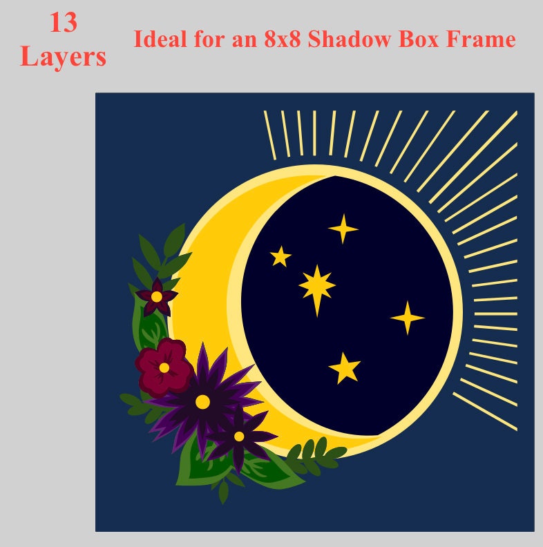 3D SVG File Celestial Blossoms Shadow Box - Moon and Stars Shadow Box ...