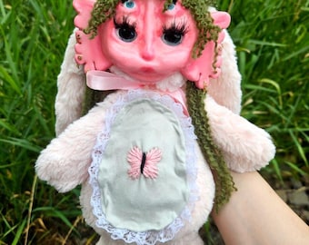 Pastel Pink Alien Bunny Doll, Rushton clay face plush, comes with matching sticker