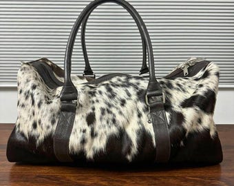 Cowhide Leather Duffel Bag: Black & White Hair-On Weekender