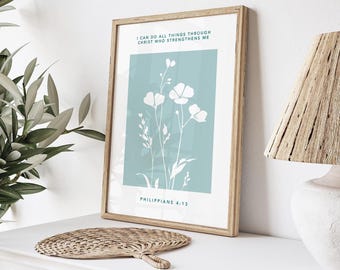 Bloemenprint Filippenzen 4:13 | Christelijke geschriften, blauwe gebedsruimtekunst