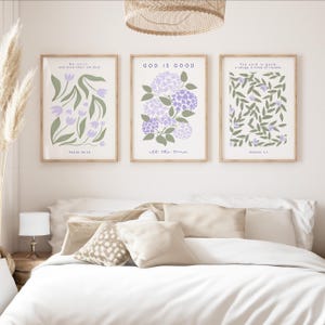 God is Good - 3 Set Prints | Bible Verse Wall Art Set, Scripture Print, Lilac Christian Art, Prayer Closet, Purple Wall Art, Bedroom Print