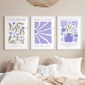 God is Good - 3 Set Prints | Bible Verse Wall Art Set, Scripture Print, Purple Christian Art, Prayer Corner, Lilac Wall Art, Bedroom Print