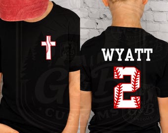 Youth Christian Baseball Shirt, Boys Baseball Cross Shirt, Personalized Name Number Tee, Faith Baseball Shirt, Kids Game Day Shirt