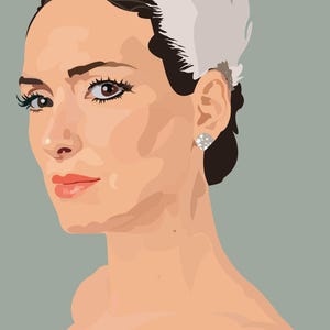 May include: A woman with dark brown hair and a white feather headband. She is wearing a pearl earring and has a soft, natural makeup look.