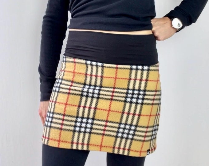 Tan and Black Plaid Fleece Ski Bum - over-skirt for leggings