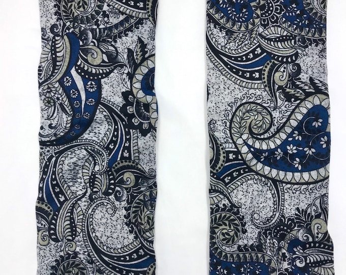 Blue Paisley sweater knit leg warmers lined with Bamboo Terry