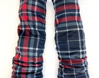 Red Plaid sweater knit leg warmers lined with Bamboo Terry
