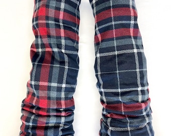 Red Plaid sweater knit leg warmers lined with Bamboo Terry