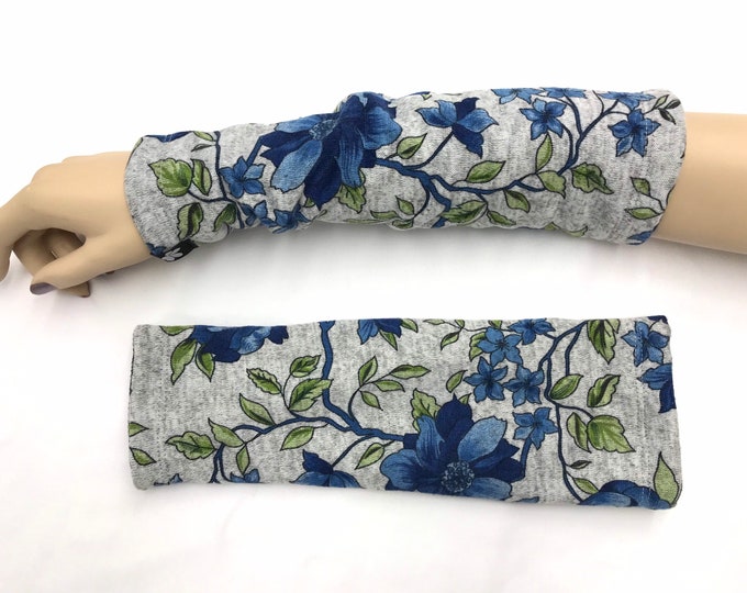 Blue Floral Sweater Knit Arm Warmers lined Bamboo Terry