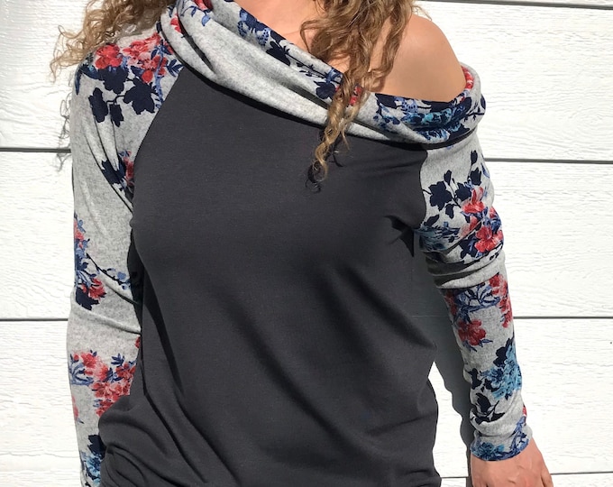 Grey Bamboo Terry with Butterfly Sweater Knit Cozy Raglan