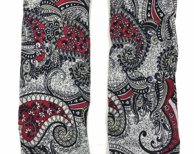 Red Paisley sweater knit leg warmers lined with Bamboo Terry