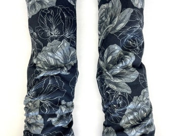 Black and Grey Floral sweater knit leg warmers lined with Bamboo Terry