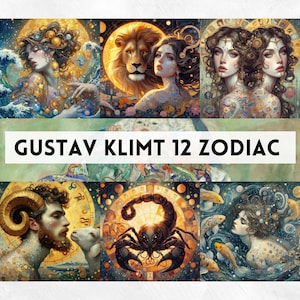 Digital Gustav Klimt Zodiac Collection Printable Boho Zodiac Clipart Digital Astrology Horoscope 12 Zodiac Signs Zodiac Symbol Bohemian