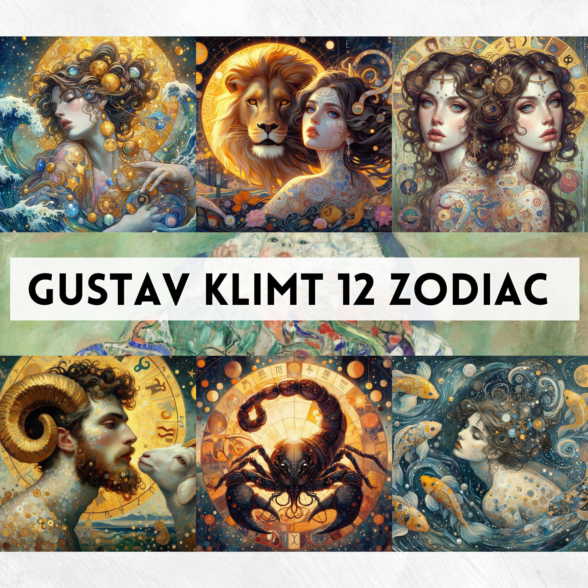 Digital Gustav Klimt Zodiac Collection Printable Boho Zodiac Clipart Digital Astrology Horoscope 12 Zodiac Signs Zodiac Symbol Bohemian