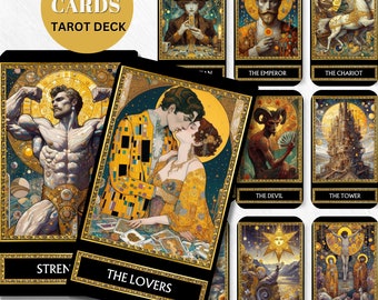 Baraja de Tarot digital de Gustav Klimt, cartas de Tarot imprimibles, cartas de Tarot de Klimpt Art, cartas de Oráculo digitales, cartas de Oráculo de Sabiduría y Adivinación