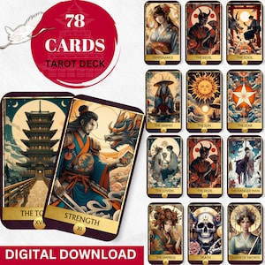 Baraja de tarot japonesa digital imprimible, 78 cartas de tarot de anime, cartas de oráculo digitales, ilustraciones, cartas de oráculo de sabiduría y adivinación.