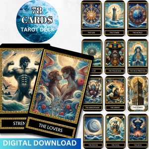 Digital Ocean Tarot Deck Druckbare Tarotkarten 78 Ozeanwellen Tarotkarten Digitale Orakelkarten Wahrsagen Wisdom Orakel Karten