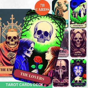 Baraja de tarot gótico digital Cartas de tarot imprimibles 78 cartas de tarot Cartas de oráculo digitales Impresiones de tarot negras Carta de tarot de calavera