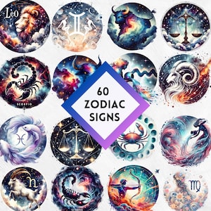 Collection numérique du zodiaque aquarelle 60 cliparts zodiaque coloré imprimable astrologie numérique horoscope 12 signes du zodiaque symboles du zodiaque Png