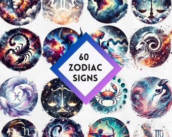Digital 60 Watercolor Zodiac Collection Printable Colorful Zodiac Clipart Digital Astrology Horoscope 12 Zodiac Signs Zodiac Symbols Png