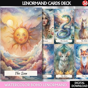 Digital Watercolor Boho Lenormand Tarot Deck Printable Tarot Cards Tarot Deck Tarot Lenormand Cards Deck Printable Oracle Cards Deck