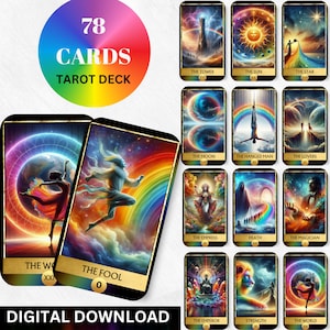 Digital Rainbow Tarot Deck Cartas de Tarot imprimibles 78 Cartas de Tarot Coloridas Cartas de Oráculo Digital Ilustración Adivinación Sabiduría Cartas de Oráculo