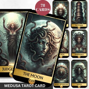 Digital Medusa Tarot Deck Printable Tarot Cards 78 Tarot Cards Digital Oracle Cards Gold Tarot Prints Divination Wisdom Oracle Cards Black