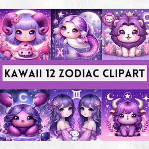 Cyfrowa Fioletowa Kawaii Kolekcja Zodiaku Do Wydrukowania Clipart Zodiaku Cyfrowy Znak Astrologiczny Astrologia Horoskop 12 Znaków Zodiaku Symbol Zodiaku