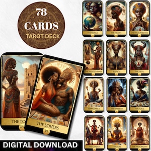 Mazzo di tarocchi digitali afroamericani Carte dei Tarocchi stampabili 78 Carte dei Tarocchi Carte Oracle digitali Illustrazione Divinazione Saggezza Carte Oracle