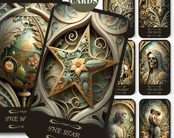 May include: A 78-card art tarot deck with intricate illustrations of ornate, gold, and green designs. The cards feature a star, a globe, a chariot, a skeleton, a hermit, and two lovers.