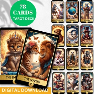 Digitale niedliche Baby-Tiere Tarot Deck Printable Tarotkarten 78 Tarotkarten Digitale Orakelkarten Wahrsagen Wisdom Orakelkarten