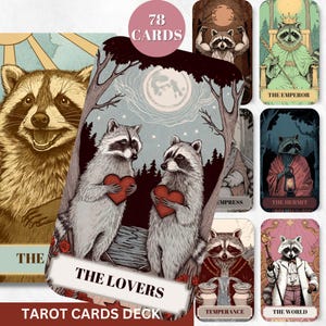 Jeu de tarot numérique raton laveur Cartes de tarot imprimables 78 cartes de tarot Cartes Oracle numériques Tirages de tarot noirs Carte de tarot mystique Deck Oracle de la sagesse
