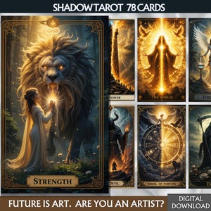 May include: A Shadow Tarot deck featuring 78 cards with fantasy art. The cards include images of Strength, The Tower, The World, The Devil, and Wheel of Fortune. The text "Future is Art. Are you an Artist?" is also visible.