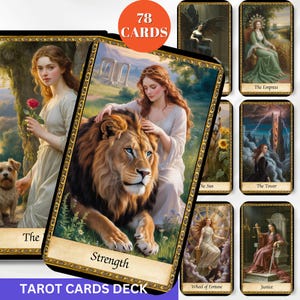 Puede incluir: Una baraja de 78 cartas de tarot con ilustraciones de mujeres, animales e imágenes simbólicas. La carta "Fuerza" muestra a una mujer con un león. Otras cartas incluyen "La Emperatriz", "El Sol", "La Torre", "Rueda de la Fortuna" y "Justicia". El texto "TAROT CARDS DECK" está en la parte inferior.