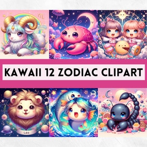Digital Kawaii Zodiac Collection Printable Zodiac Clipart Digital Astrological signs Astrology Horoscope 12 Zodiac Signs Zodiac Symbols