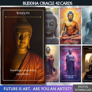May include: A Buddha Oracle card deck with 42 cards. The cards display images of Buddha in different poses and environments, with text including "Wisdom" and "Knowing comes from experience." Digital download is available.