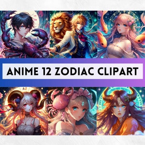 Cyfrowa kolorowa kolekcja anime zodiaku do wydrukowania zodiak clipart cyfrowa astrologia horoskop 12 znaków zodiaku symbol zodiaku