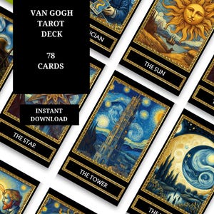 Può includere: Un mazzo di tarocchi di Van Gogh con 78 carte, ognuna con opere d'arte ispirate allo stile dell'artista. Le carte hanno bordi neri e dettagli dorati. Il testo "Download istantaneo" è incluso.