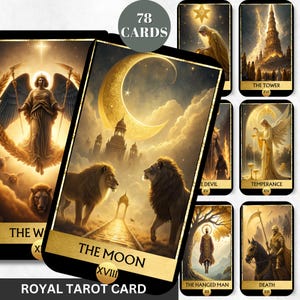 Baraja de tarot digital imprimible, 78 cartas, oráculo digital, láminas de tarot doradas, adivinación, sabiduría, oráculo, tarot negro