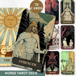 Baralho de Tarô Nórdico Digital Cartas de Tarô para Imprimir 78 Cartas de Tarô de Anime Cartas de Oráculo Digitais Ilustração Adivinhação Sabedoria Cartas de Oráculo Nórdicas