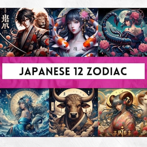 Japanische Sternzeichen Sammlung Digitale japanische Kunst Druckt Sternzeichen Astrologie Dekor Horoskop druckbare Sternzeichen Aufkleber 12 Sternzeichen