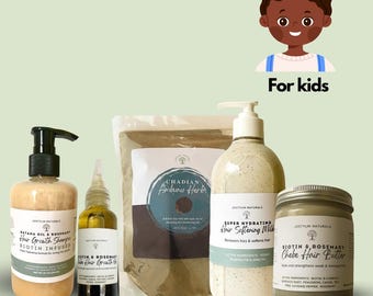Kit voor natuurlijke haargroei voor kinderen: Chebe-boter, Chebe-olie, ambunu-poeder, haarverzachtende melk, batana-shampoo